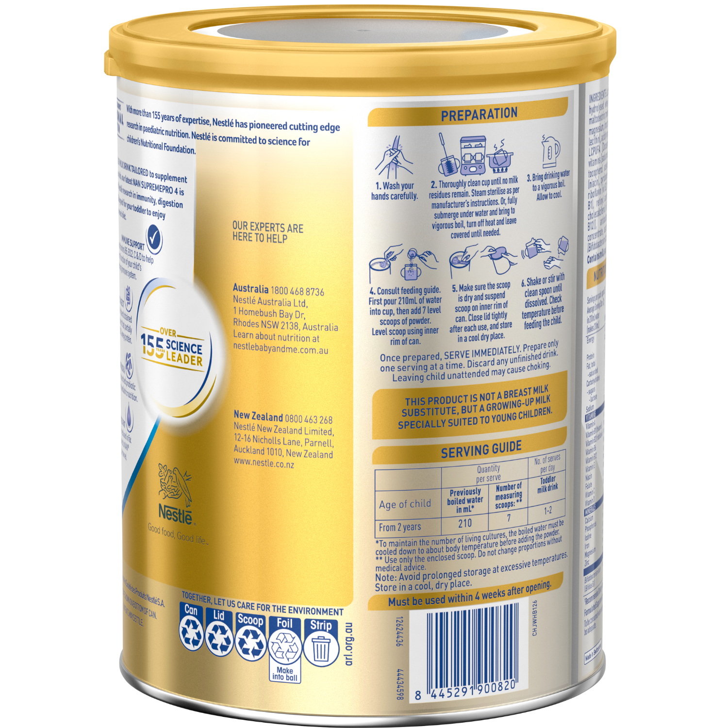 alt="Nestlé NAN SUPREMEpro 4, Premium Toddler 2+ Years Milk Drink – 800g Back LHS