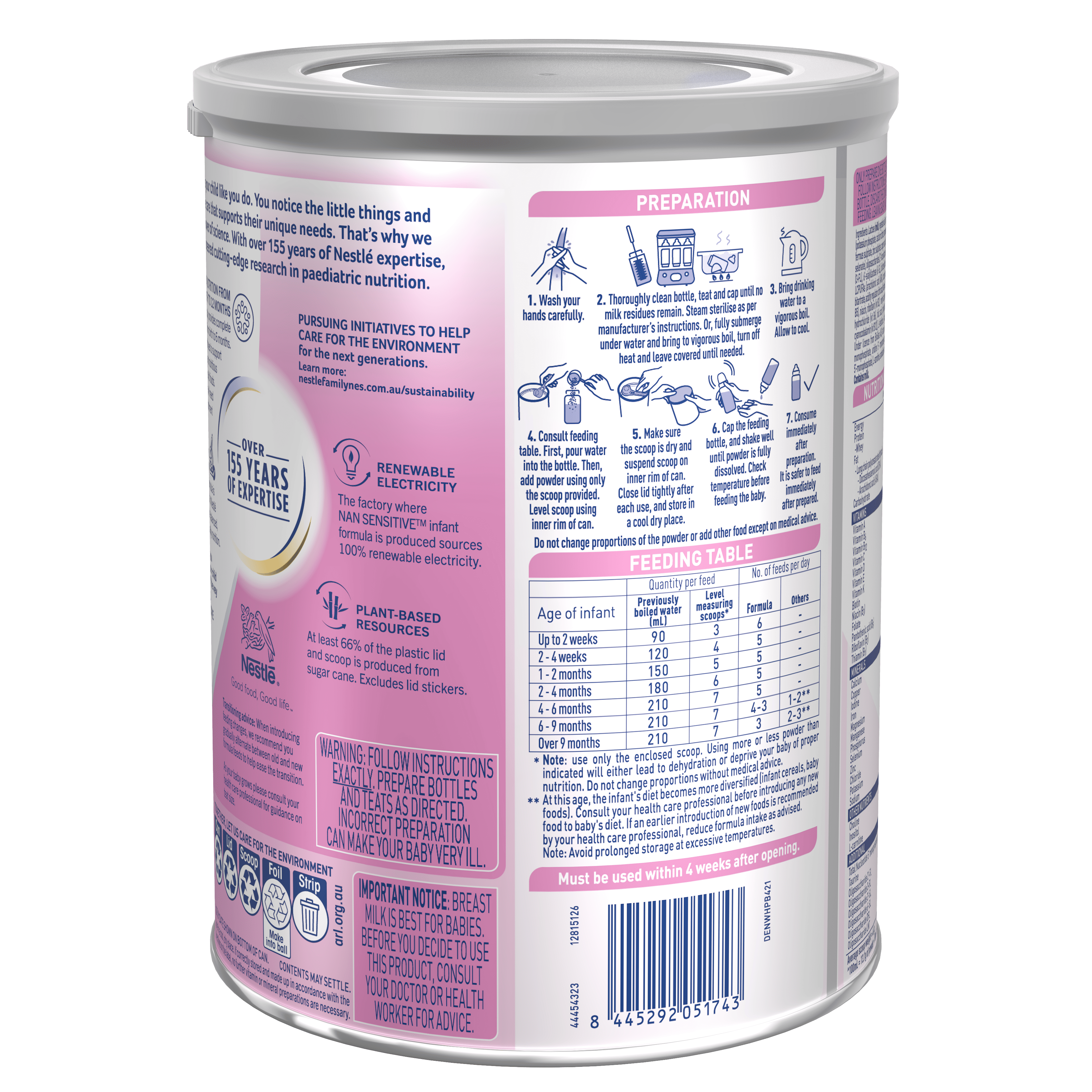 Nestlé NAN SENSITIVE Infant Formula, From Birth to 12 Months – 800g - Instruction