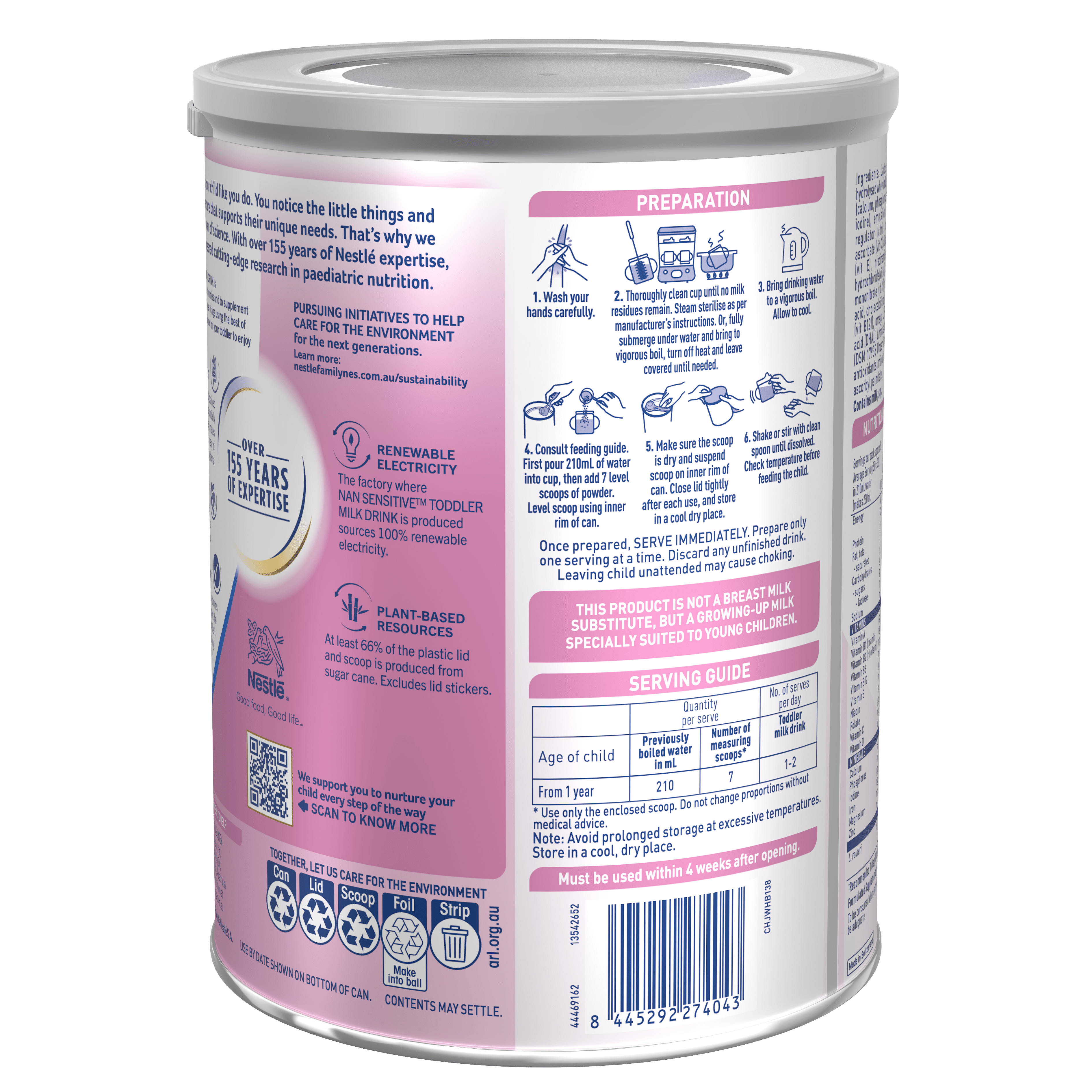 Nestlé NAN SENSITIVE Toddler, Premium Toddler 1+ Years Milk Drink – 800g Instruction