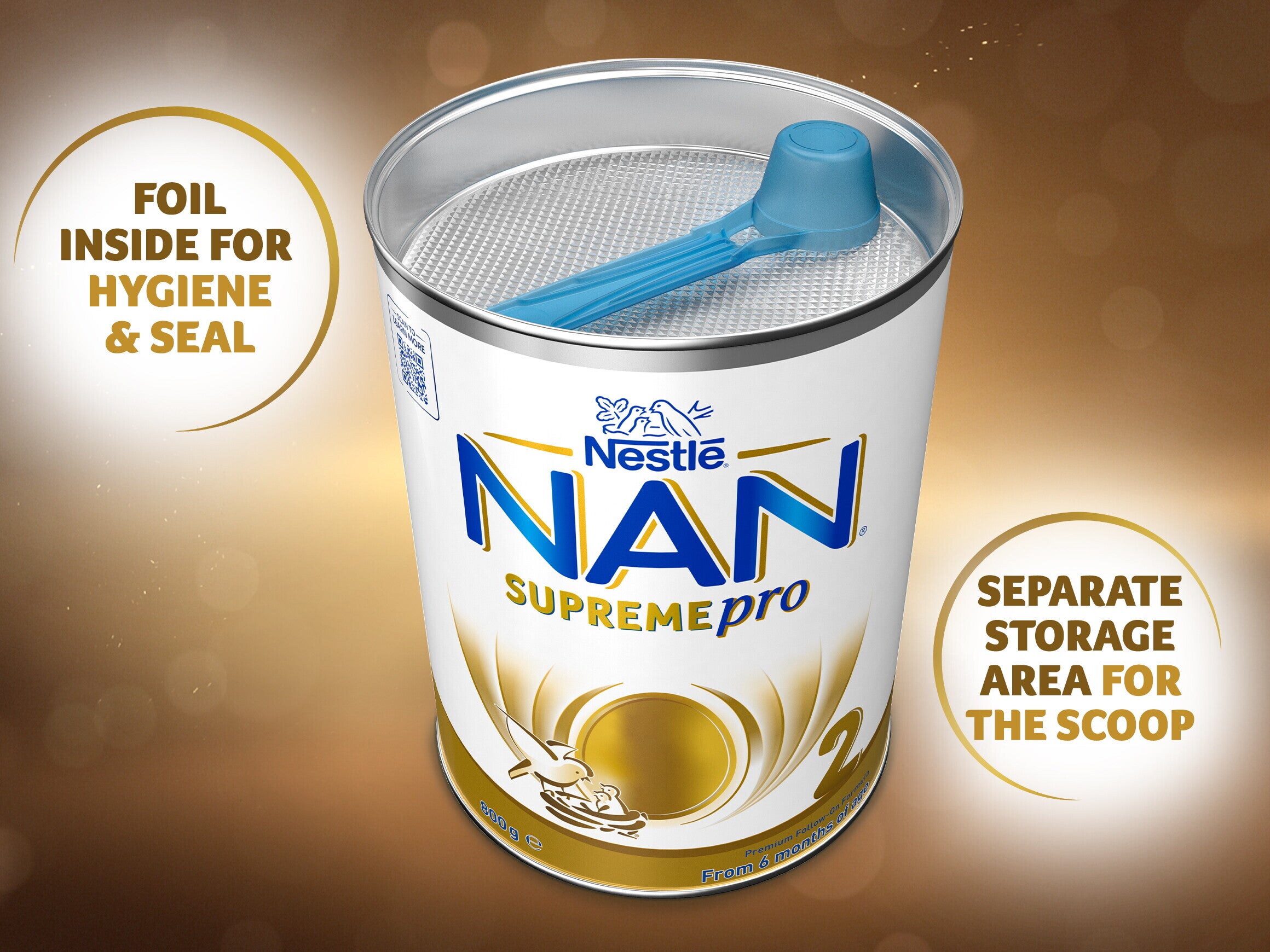 Nestlé NAN SUPREMEpro 2, Premium Follow-On Formula 6-12 Months – 800g Front- separate storage area for the scoop
