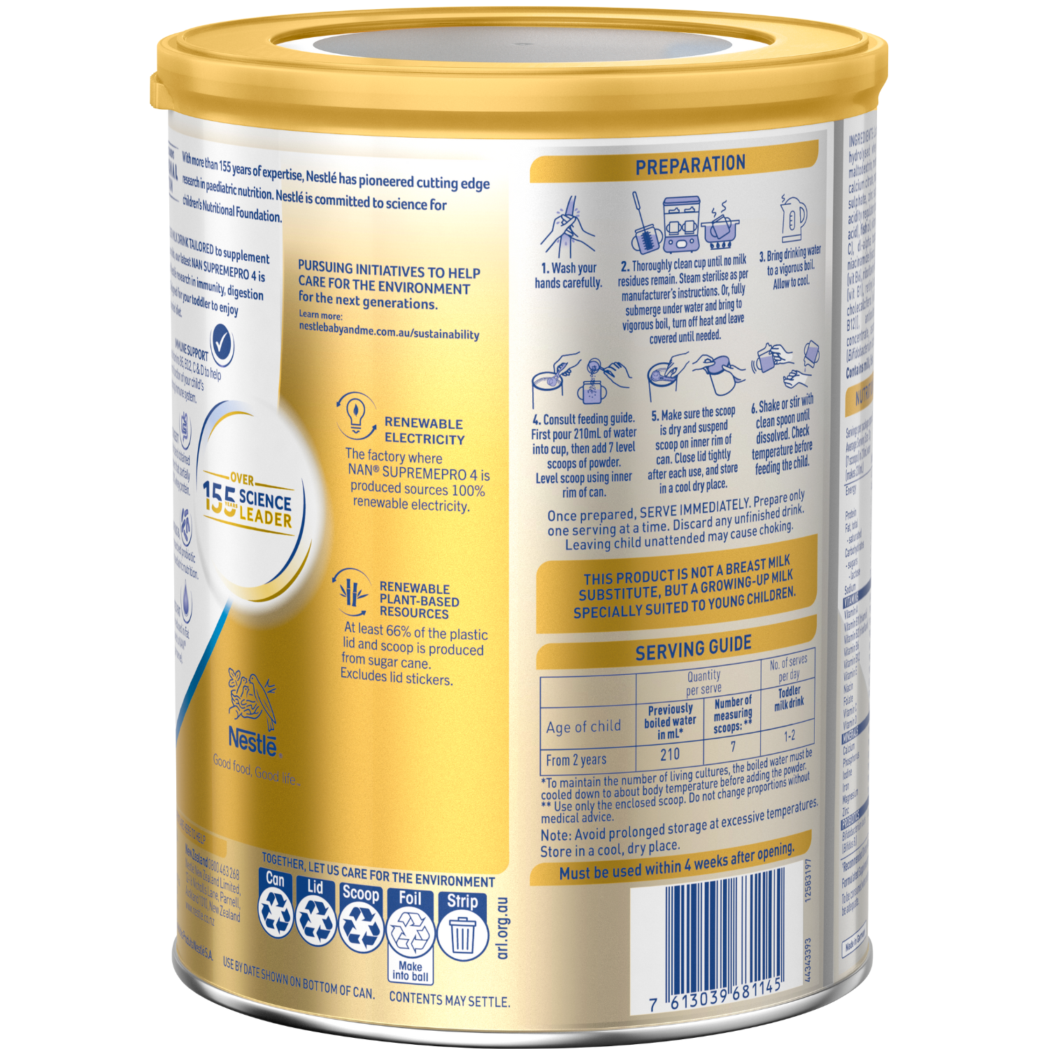 Nestlé NAN SUPREMEpro 4, Premium Toddler 2+ Years Milk Drink – 800g Back LHS