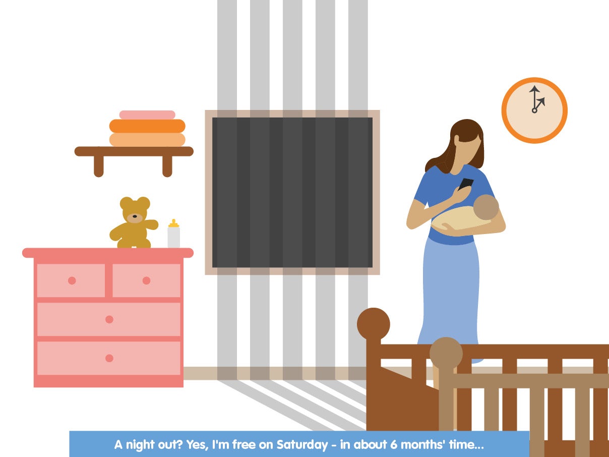Woman holding her baby while on the phone making plans with friends