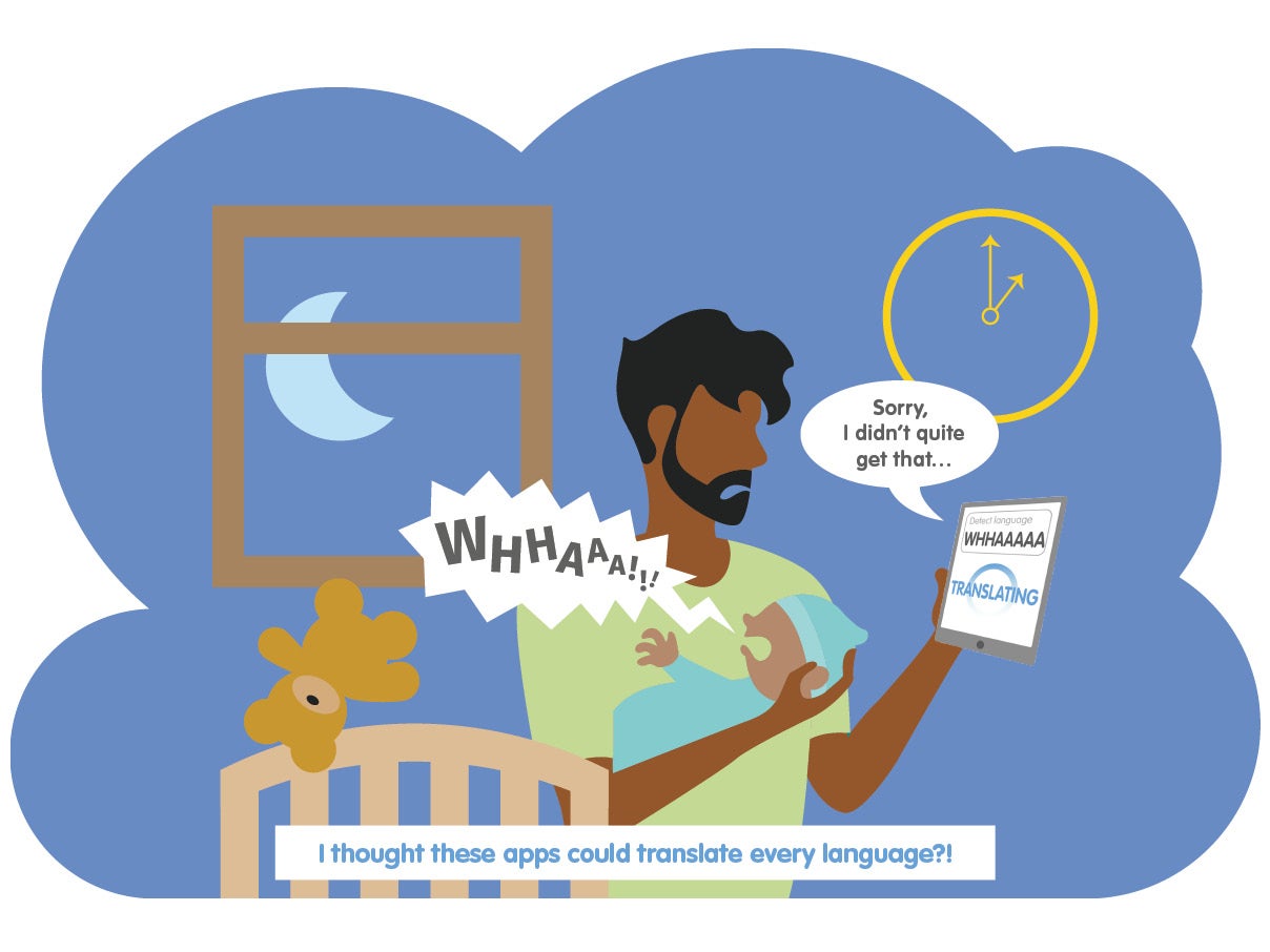 Cartoon man holding crying baby trying to translate cries in an app