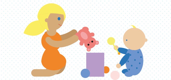 Mum and baby putting toys away in toy box