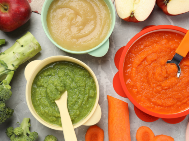 3 different types of puree with solid vegetables around 3 different types of puree with solid vegetables around