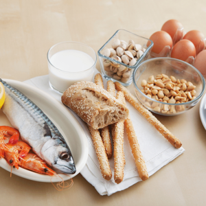 common allergenic foods like fish wheat eggs peanuts nuts