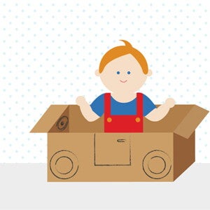 Illustration of an infant playing with a cardboard car.