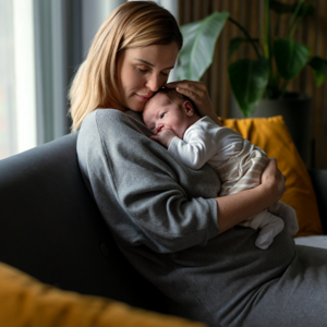 Mother holding her baby on the lounge cuddling