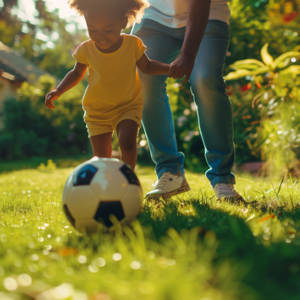 Toddler girl kicking the soccer ball while holding parents hand