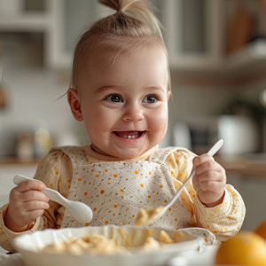 toddler girl smiling eating with 2 spoons