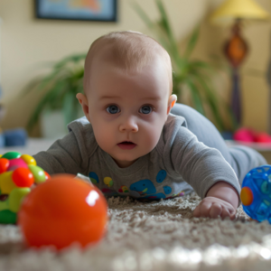 Baby laying on their tummy playing with toys