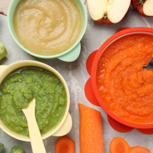 3 different types of puree with solid vegetables around