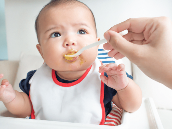 baby eating puree fed by parent baby eating puree fed by parent