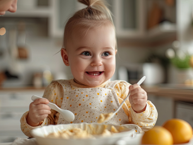 Toddler girl smiling eating with 2 spoons toddler girl smiling eating with 2 spoons
