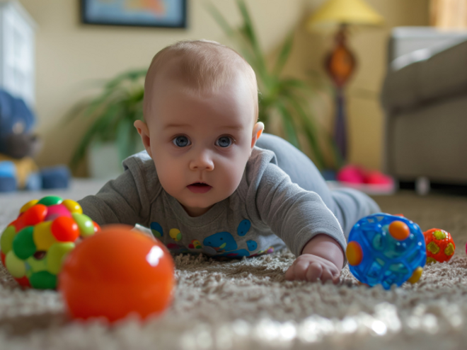 Baby laying on their tummy playing with toys