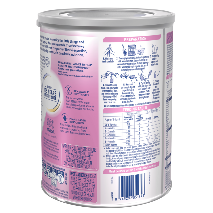 Nestlé NAN SENSITIVE Infant Formula, From Birth to 12 Months – 800g - Instruction