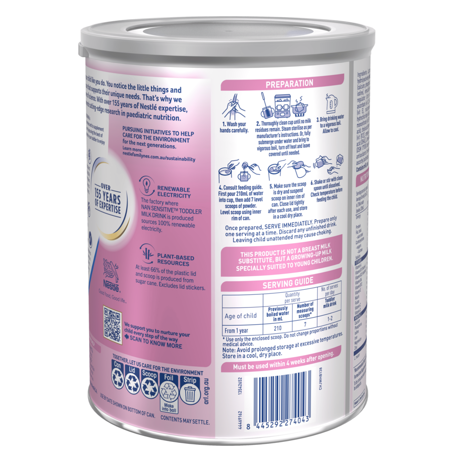 Nestlé NAN SENSITIVE Toddler, Premium Toddler 1+ Years Milk Drink – 800g Instruction