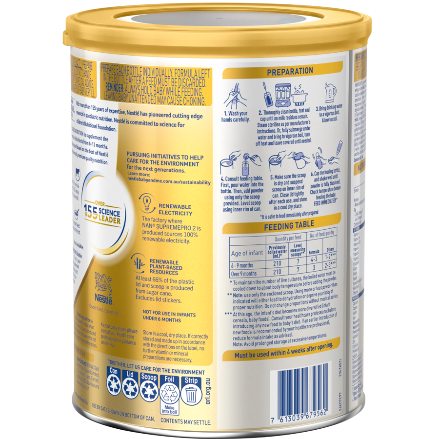 Nestlé NAN SUPREMEpro 2, Premium Follow-On Formula 6-12 Months – 800g Back LHS Nestlé NAN SUPREMEpro 2, Premium Follow-On Formula 6-12 Months – 800g Back LHS