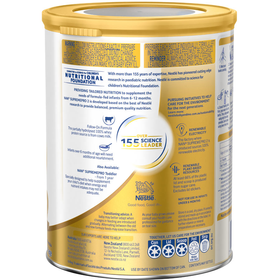 Nestlé NAN SUPREMEpro 2, Premium Follow-On Formula 6-12 Months – 800g Back middle Nestlé NAN SUPREMEpro 2, Premium Follow-On Formula 6-12 Months – 800g Back middle